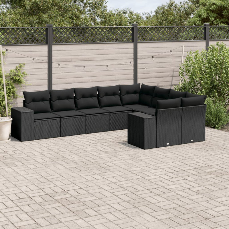 9 Piece Garden Sofa Set with Cushions Black Poly Rattan