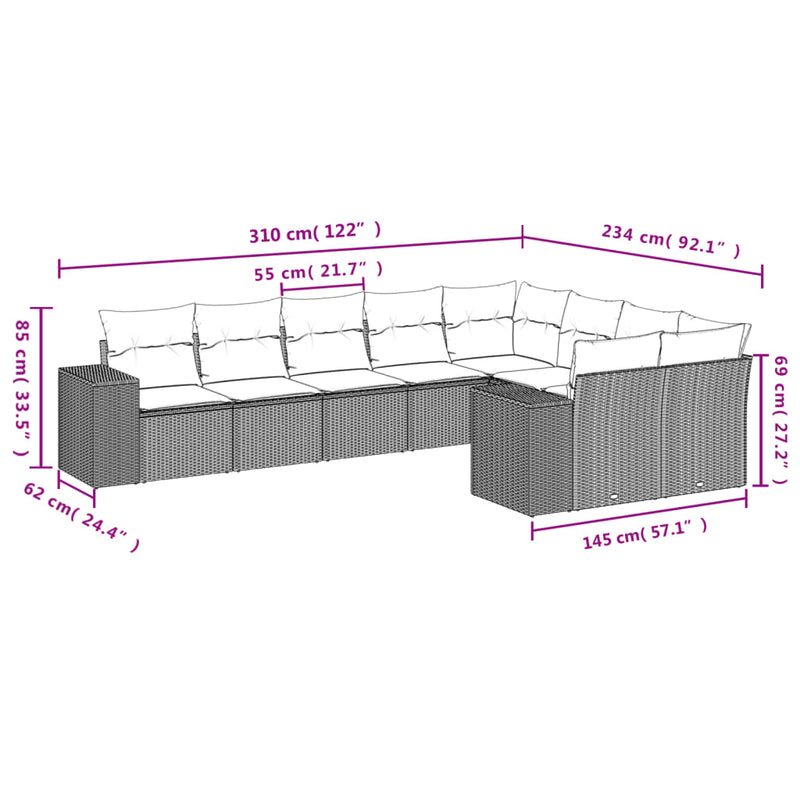 9 Piece Garden Sofa Set with Cushions Grey Poly Rattan