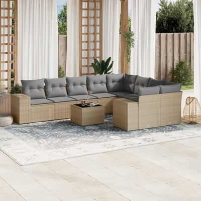 10 Piece Garden Sofa Set with Cushions Beige Poly Rattan