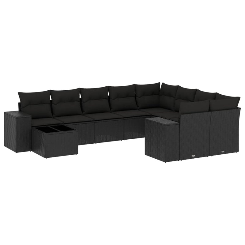 10 Piece Garden Sofa Set with Cushions Black Poly Rattan