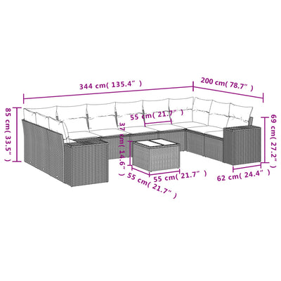 11 Piece Garden Sofa Set with Cushions Grey Poly Rattan