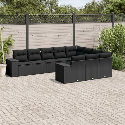 10 Piece Garden Sofa Set with Cushions Black Poly Rattan