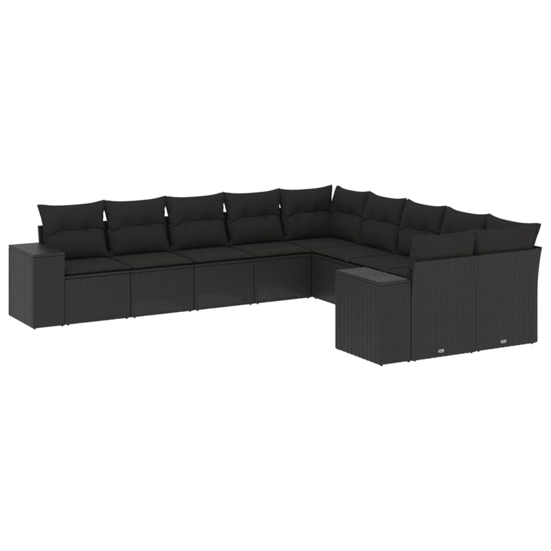 10 Piece Garden Sofa Set with Cushions Black Poly Rattan