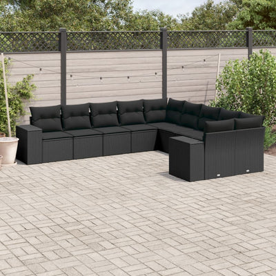 10 Piece Garden Sofa Set with Cushions Black Poly Rattan