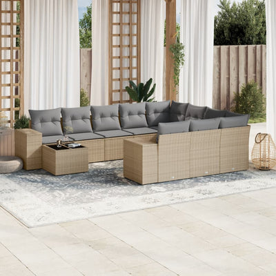 11 Piece Garden Sofa Set with Cushions Beige Poly Rattan