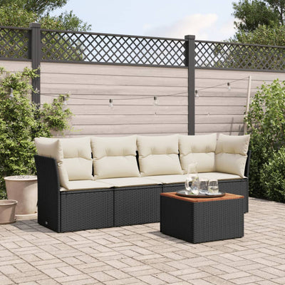 5 Piece Garden Sofa Set with Cushions Black Poly Rattan