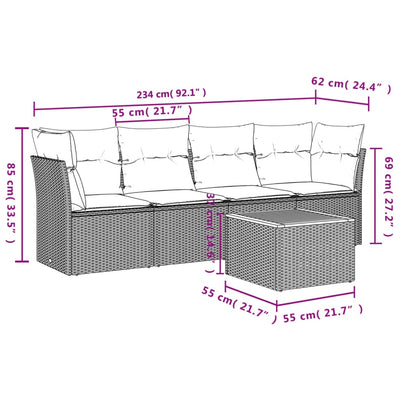 5 Piece Garden Sofa Set with Cushions Grey Poly Rattan