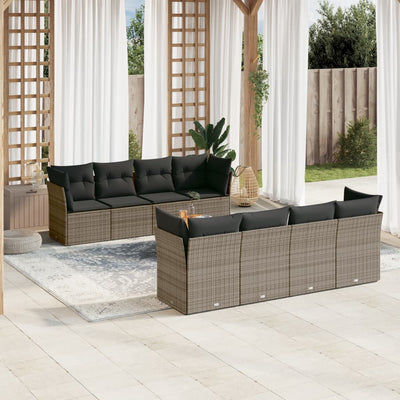 9 Piece Garden Sofa Set with Cushions Grey Poly Rattan