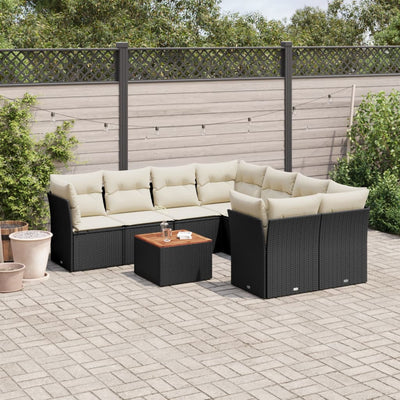 9 Piece Garden Sofa Set with Cushions Black Poly Rattan