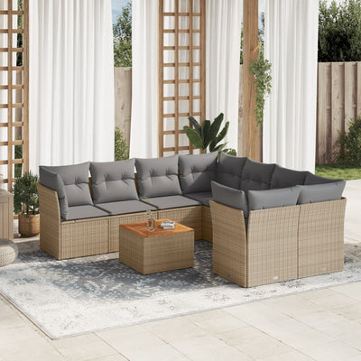 9 Piece Garden Sofa Set with Cushions Mix Beige Poly Rattan