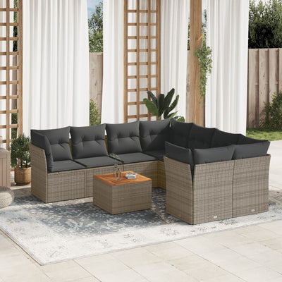 9 Piece Garden Sofa Set with Cushions Grey Poly Rattan