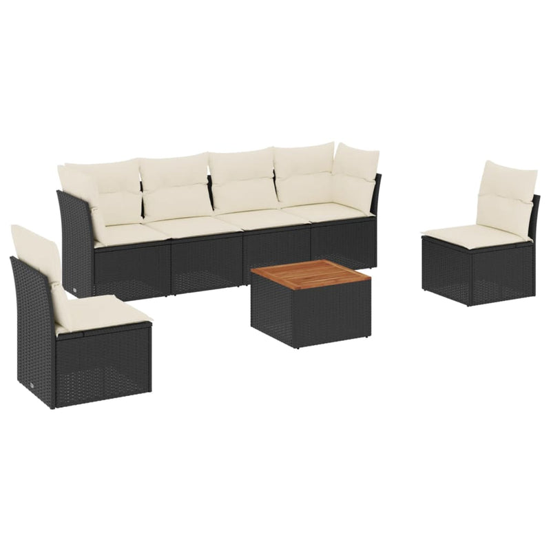 7 Piece Garden Sofa Set with Cushions Black Poly Rattan