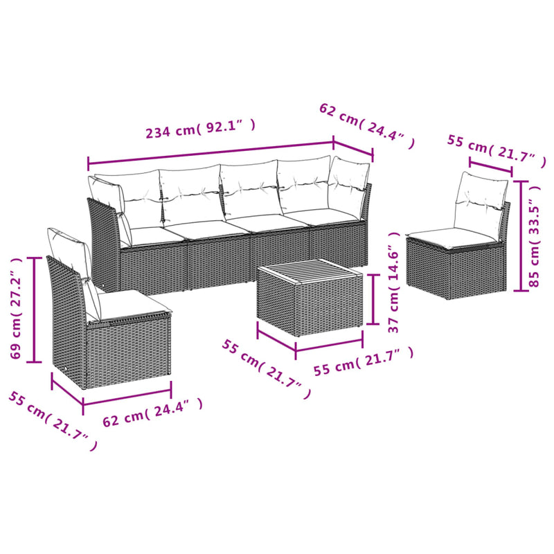 7 Piece Garden Sofa Set with Cushions Grey Poly Rattan