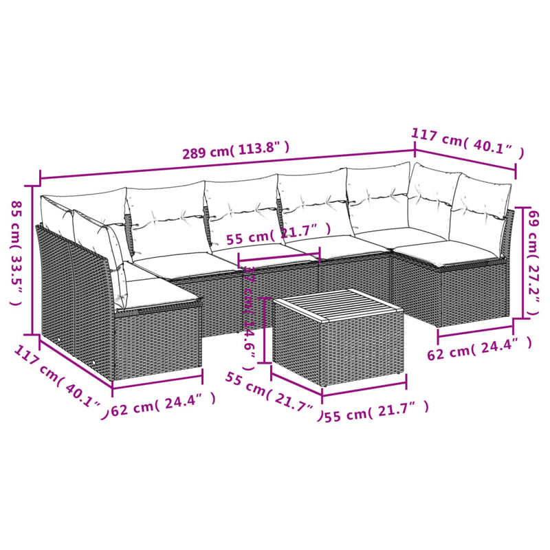 8 Piece Garden Sofa Set with Cushions Grey Poly Rattan