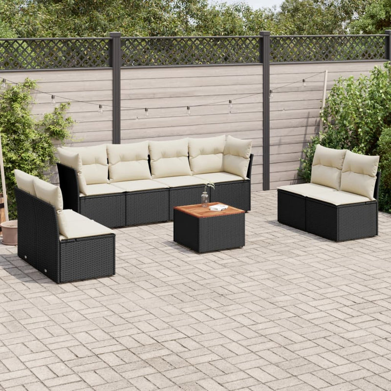 9 Piece Garden Sofa Set with Cushions Black Poly Rattan