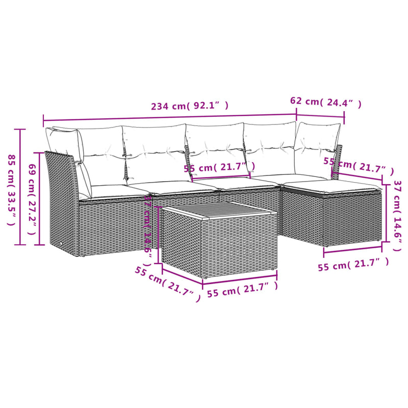 6 Piece Garden Sofa Set with Cushions Grey Poly Rattan