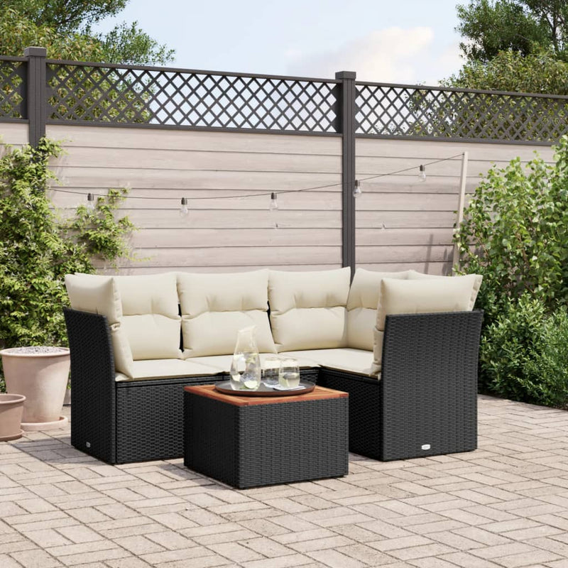 5 Piece Garden Sofa Set with Cushions Black Poly Rattan