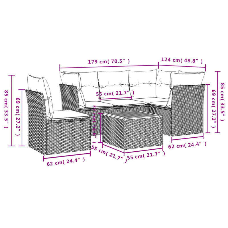 6 Piece Garden Sofa Set with Cushions Grey Poly Rattan