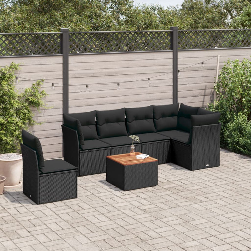 7 Piece Garden Sofa Set with Cushions Black Poly Rattan