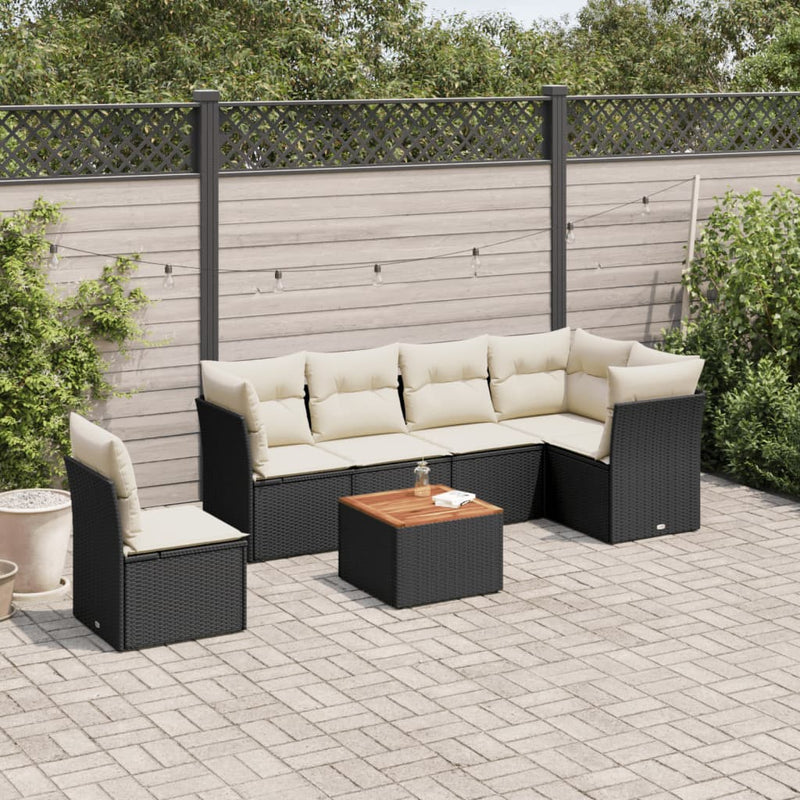 7 Piece Garden Sofa Set with Cushions Black Poly Rattan