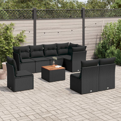 9 Piece Garden Sofa Set with Cushions Black Poly Rattan