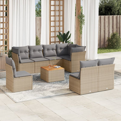 9 Piece Garden Sofa Set with Cushions Mix Beige Poly Rattan