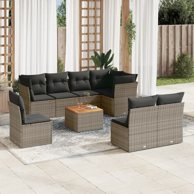 9 Piece Garden Sofa Set with Cushions Grey Poly Rattan