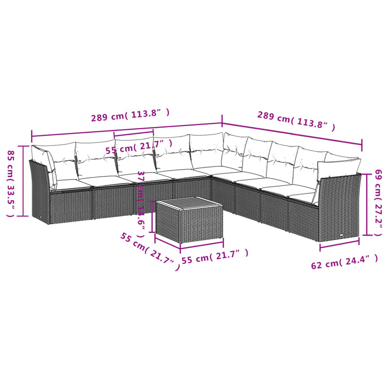 10 Piece Garden Sofa Set with Cushions Grey Poly Rattan