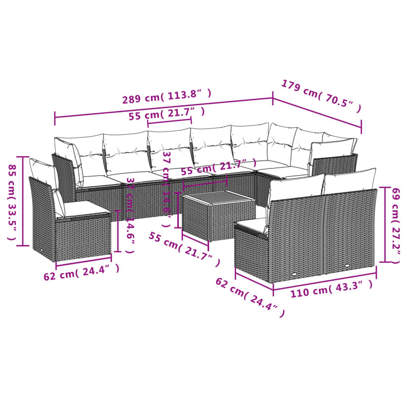 11 Piece Garden Sofa Set with Cushions Grey Poly Rattan