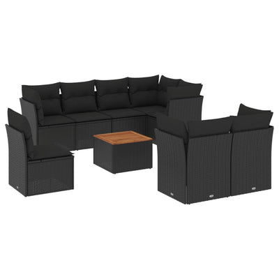 9 Piece Garden Sofa Set with Cushions Black Poly Rattan