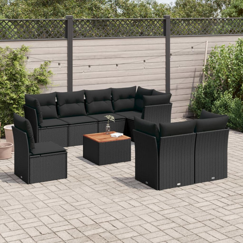 9 Piece Garden Sofa Set with Cushions Black Poly Rattan