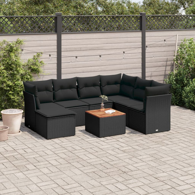 8 Piece Garden Sofa Set with Cushions Black Poly Rattan