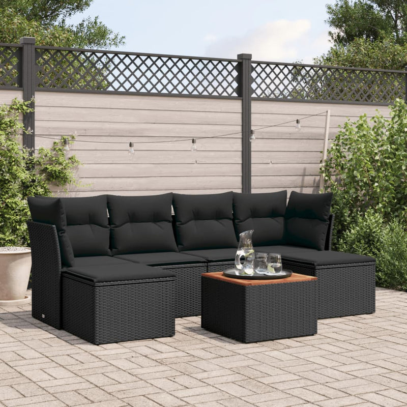 7 Piece Garden Sofa Set with Cushions Black Poly Rattan