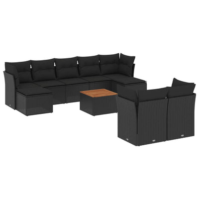 10 Piece Garden Sofa Set with Cushions Black Poly Rattan