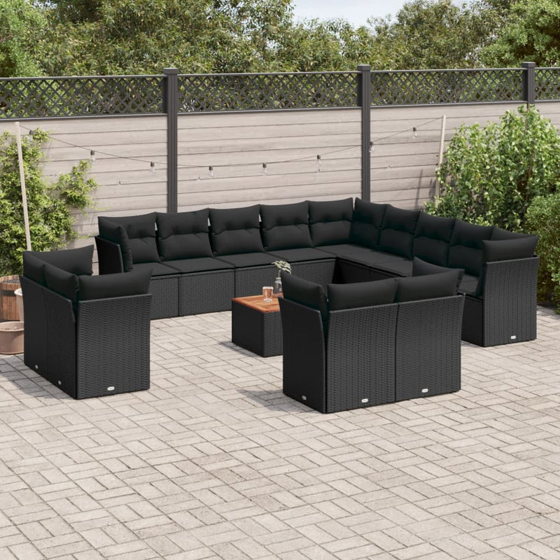 14 Piece Garden Sofa Set with Cushions Black Poly Rattan