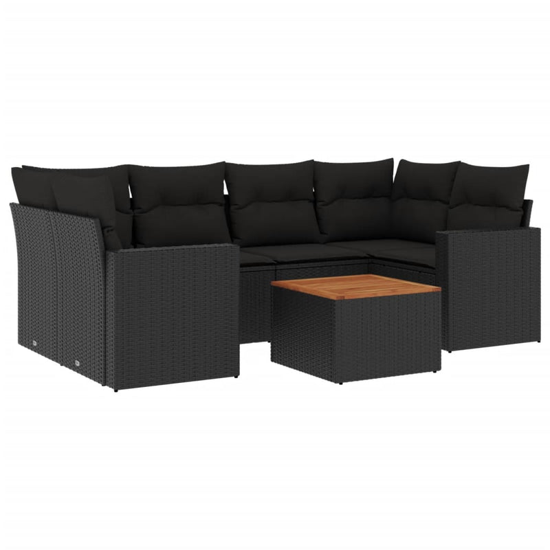 7 Piece Garden Sofa Set with Cushions Black Poly Rattan