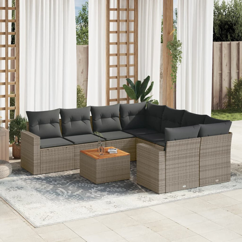 9 Piece Garden Sofa Set with Cushions Grey Poly Rattan