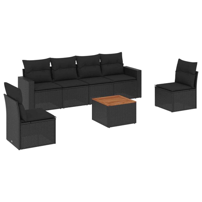 7 Piece Garden Sofa Set with Cushions Black Poly Rattan