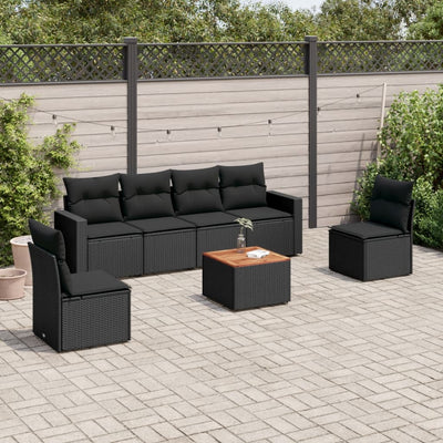 7 Piece Garden Sofa Set with Cushions Black Poly Rattan