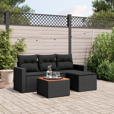 5 Piece Garden Sofa Set with Cushions Black Poly Rattan