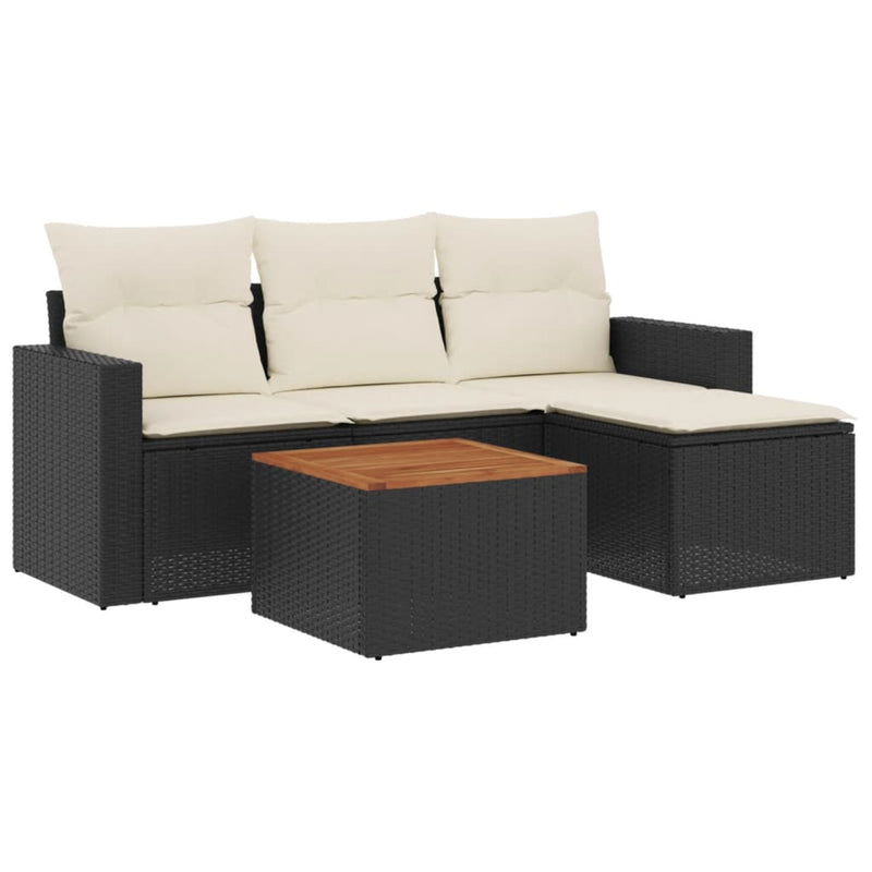 5 Piece Garden Sofa Set with Cushions Black Poly Rattan