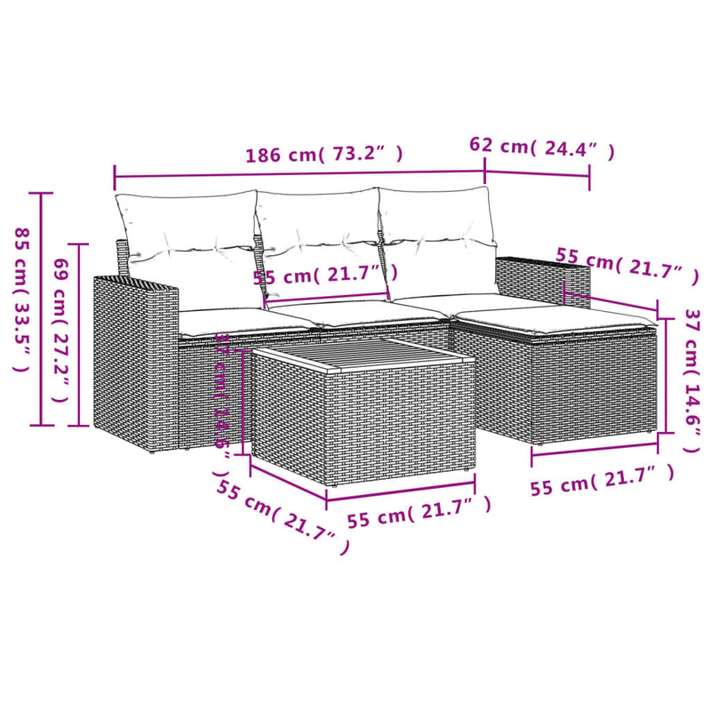 5 Piece Garden Sofa Set with Cushions Grey Poly Rattan