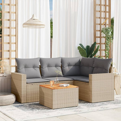 5 Piece Garden Sofa Set with Cushions Mix Beige Poly Rattan