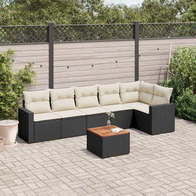 7 Piece Garden Sofa Set with Cushions Black Poly Rattan