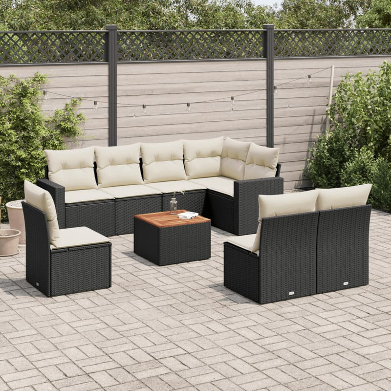 9 Piece Garden Sofa Set with Cushions Black Poly Rattan