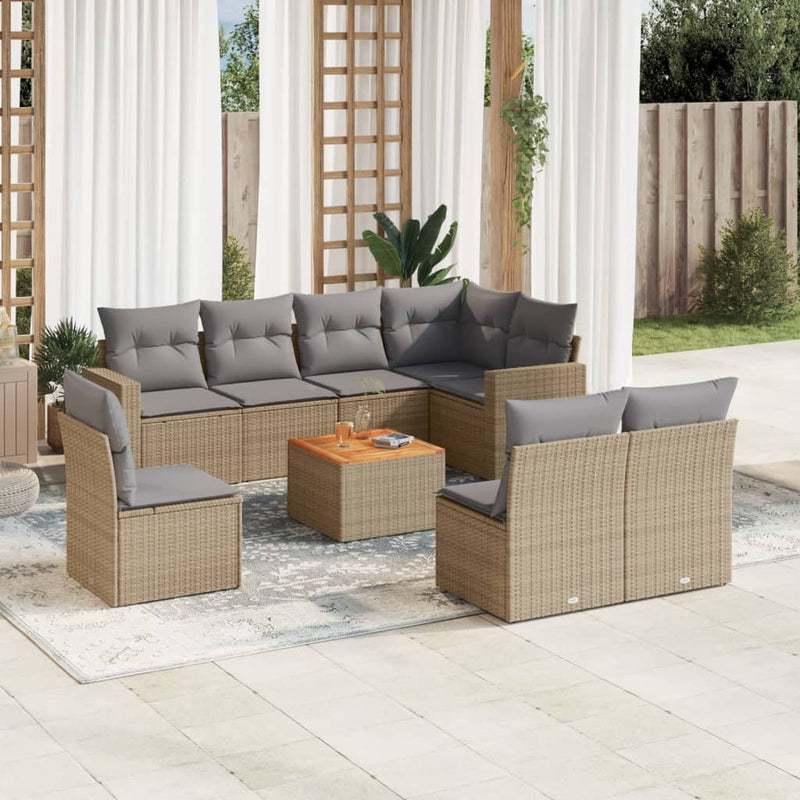 9 Piece Garden Sofa Set with Cushions Mix Beige Poly Rattan