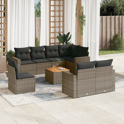 9 Piece Garden Sofa Set with Cushions Grey Poly Rattan