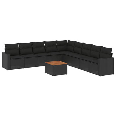 10 Piece Garden Sofa Set with Cushions Black Poly Rattan