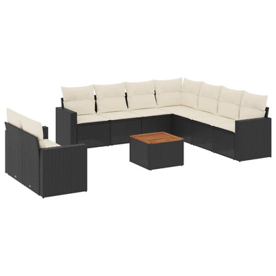 10 Piece Garden Sofa Set with Cushions Black Poly Rattan