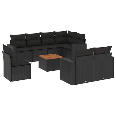 9 Piece Garden Sofa Set with Cushions Black Poly Rattan